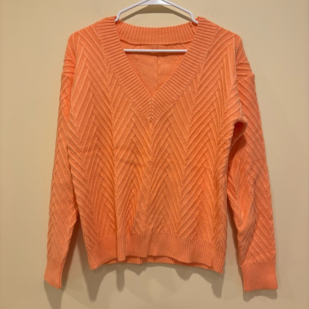 Orange Chevron Knit V-Neck Sweater – Small